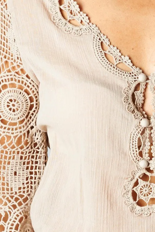 Boho Crochet Three Quarter Sleeve Top