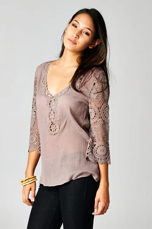 Boho Crochet Three Quarter Sleeve Top