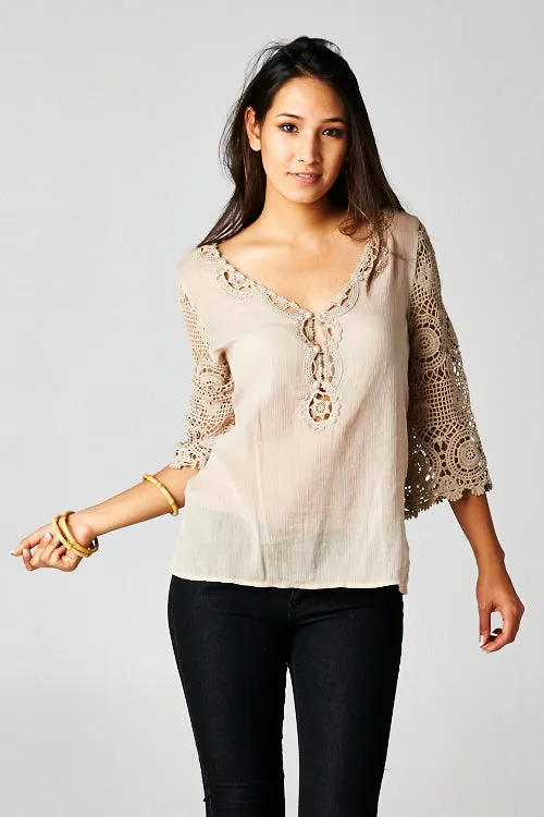 Boho Crochet Three Quarter Sleeve Top
