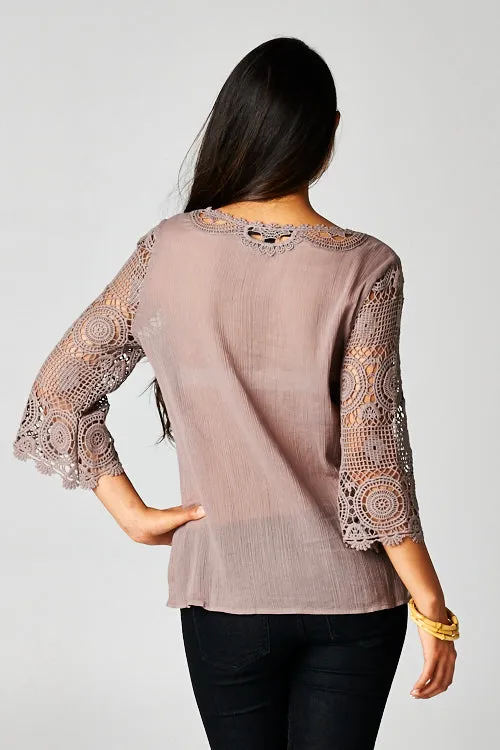 Boho Crochet Three Quarter Sleeve Top