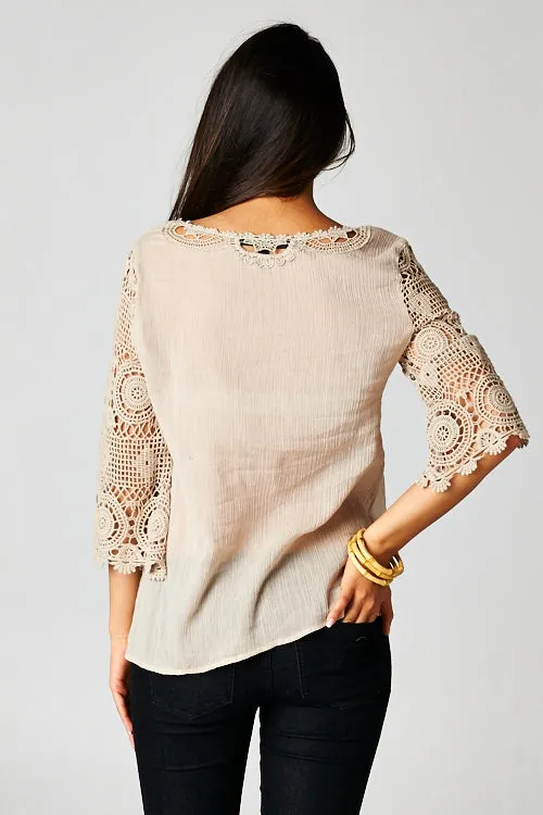 Boho Crochet Three Quarter Sleeve Top