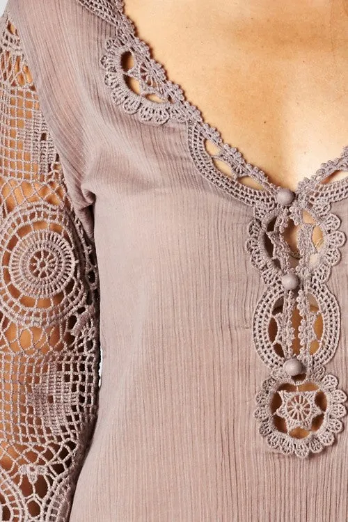 Boho Crochet Three Quarter Sleeve Top