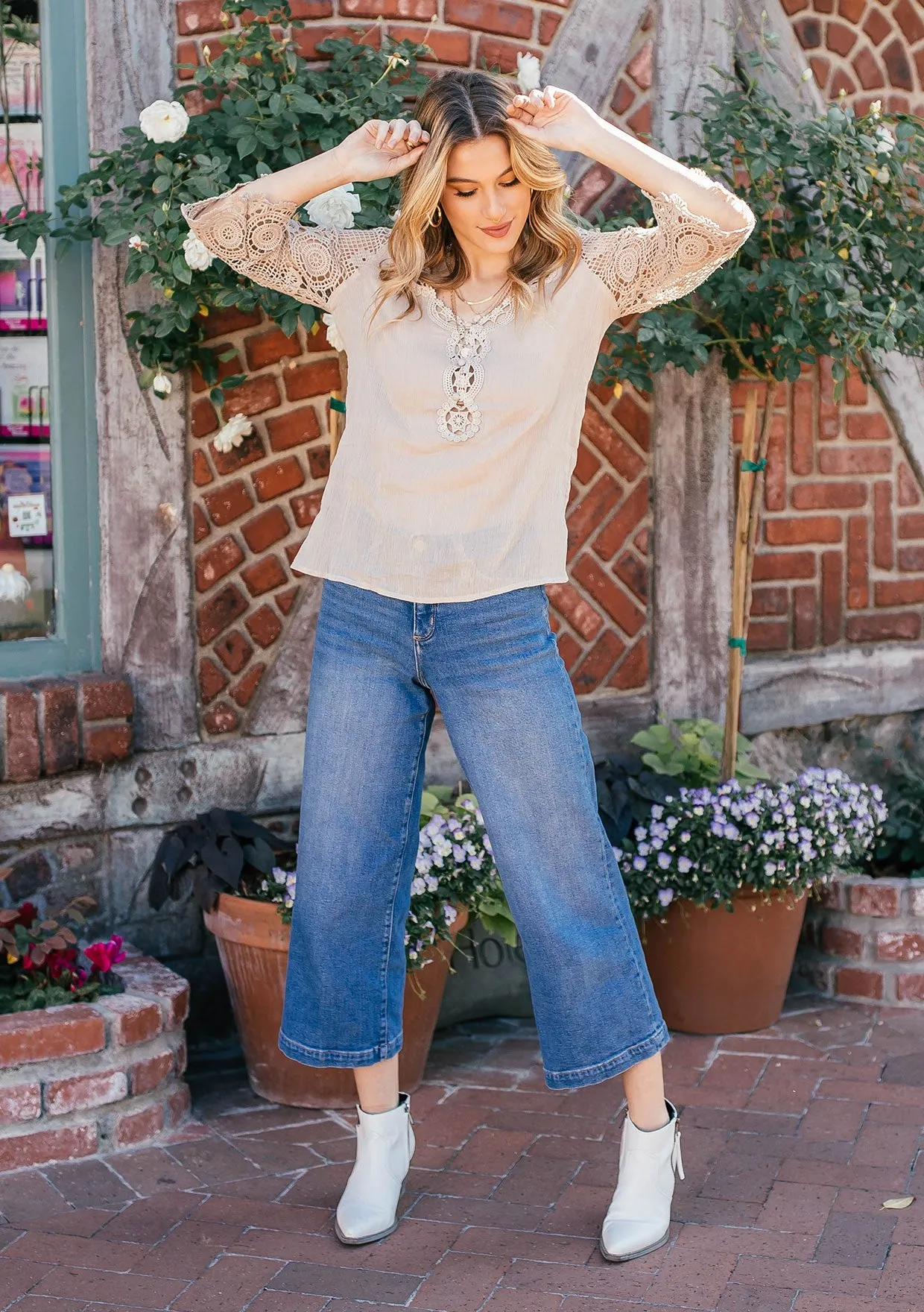 Boho Crochet Three Quarter Sleeve Top