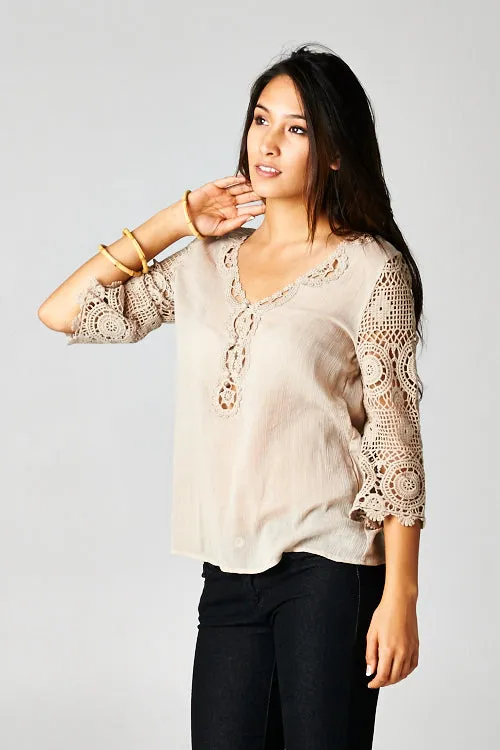 Boho Crochet Three Quarter Sleeve Top