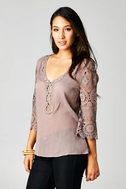 Boho Crochet Three Quarter Sleeve Top