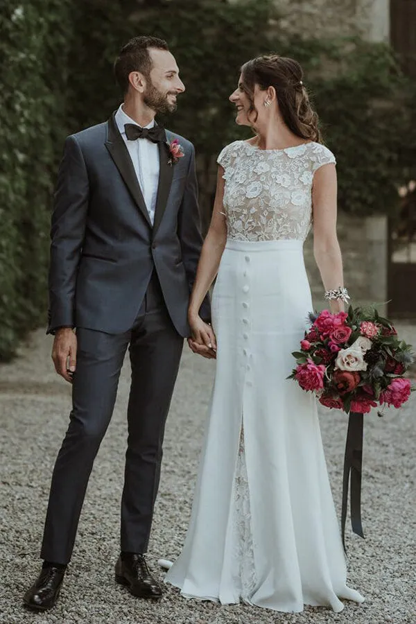 Boho Lace Sheath Bateau Cap Sleeves Wedding Dresses, Bridal Gown, MW646