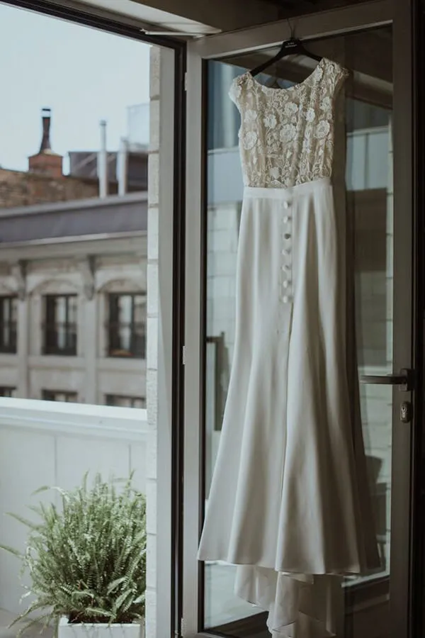Boho Lace Sheath Bateau Cap Sleeves Wedding Dresses, Bridal Gown, MW646