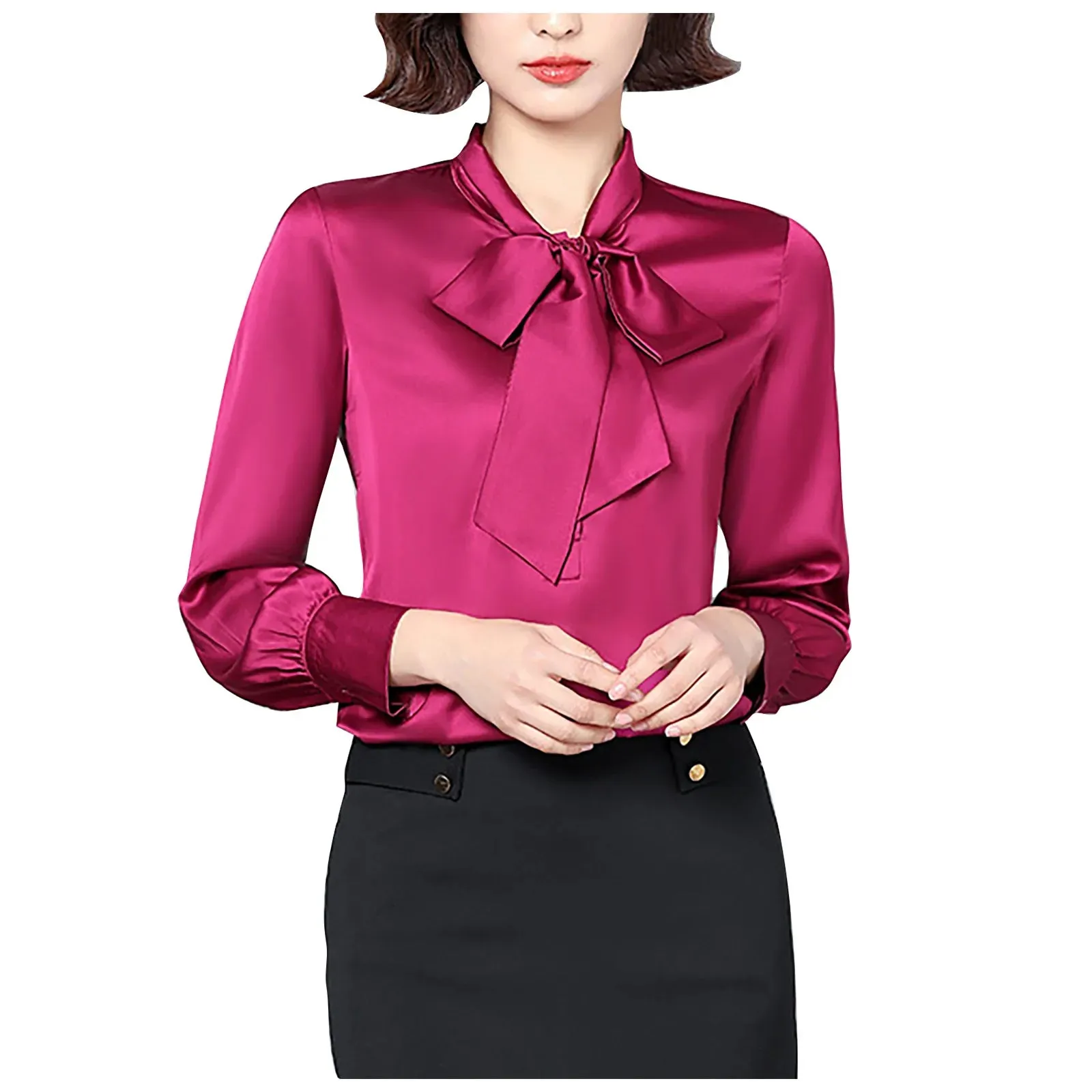 Bow Tie Shirts Women Korean Style Stain Long Sleeve Tunic Tops And Blouses Elegant Workwear Solid Office Lady Shirt Blusas
