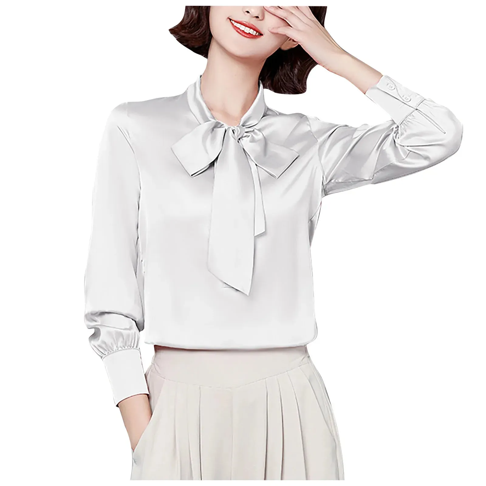 Bow Tie Shirts Women Korean Style Stain Long Sleeve Tunic Tops And Blouses Elegant Workwear Solid Office Lady Shirt Blusas