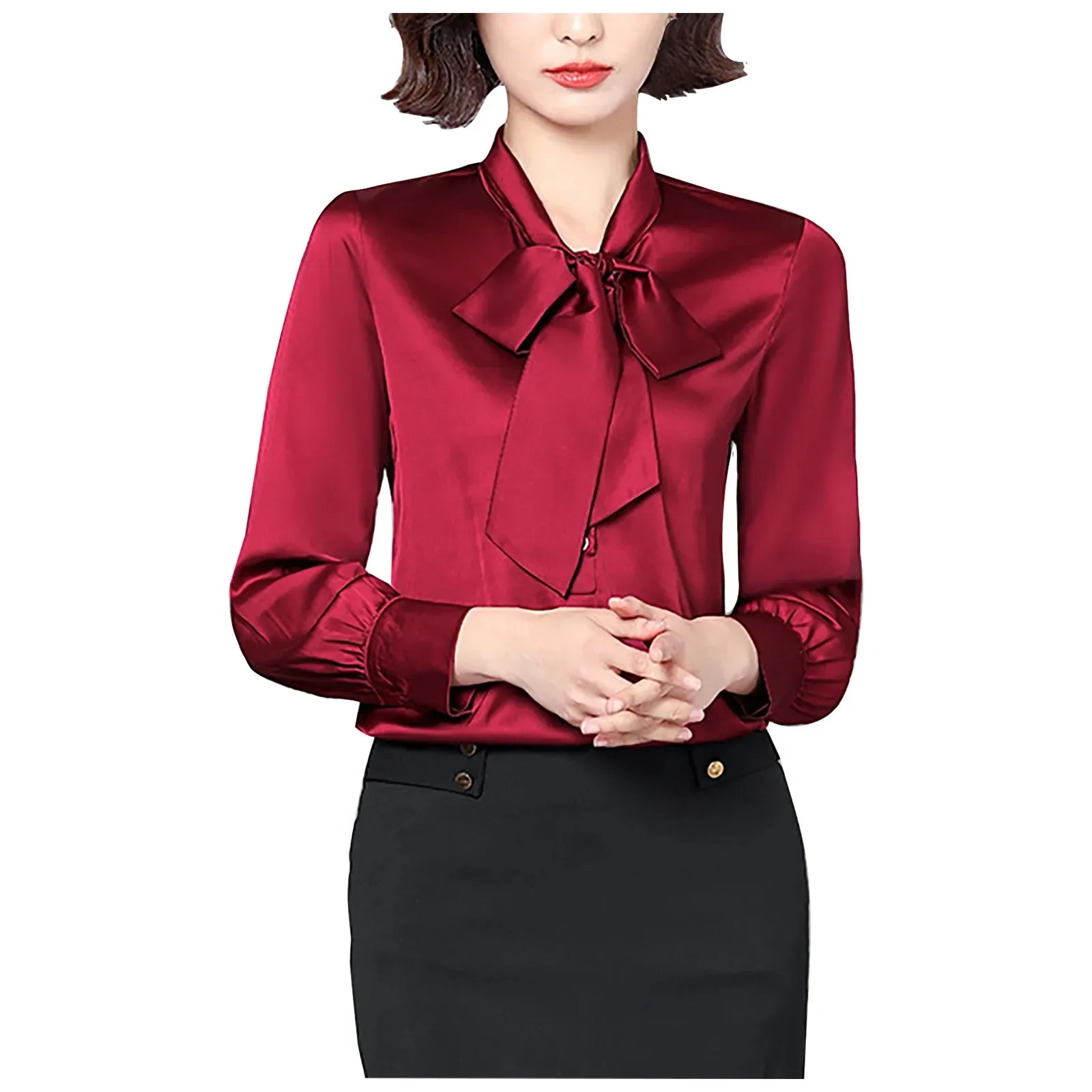Bow Tie Shirts Women Korean Style Stain Long Sleeve Tunic Tops And Blouses Elegant Workwear Solid Office Lady Shirt Blusas