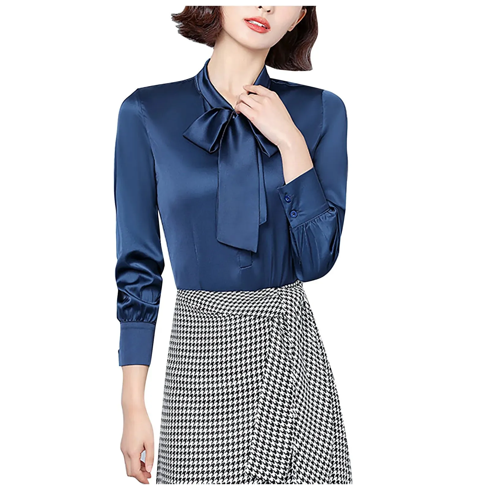 Bow Tie Shirts Women Korean Style Stain Long Sleeve Tunic Tops And Blouses Elegant Workwear Solid Office Lady Shirt Blusas