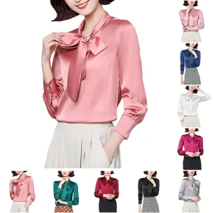 Bow Tie Shirts Women Korean Style Stain Long Sleeve Tunic Tops And Blouses Elegant Workwear Solid Office Lady Shirt Blusas