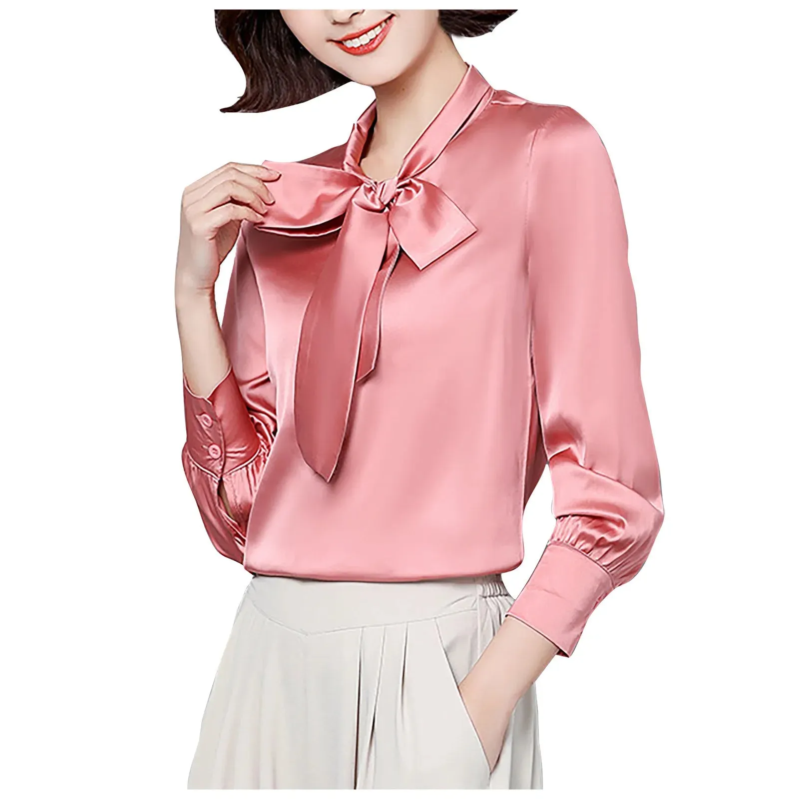 Bow Tie Shirts Women Korean Style Stain Long Sleeve Tunic Tops And Blouses Elegant Workwear Solid Office Lady Shirt Blusas