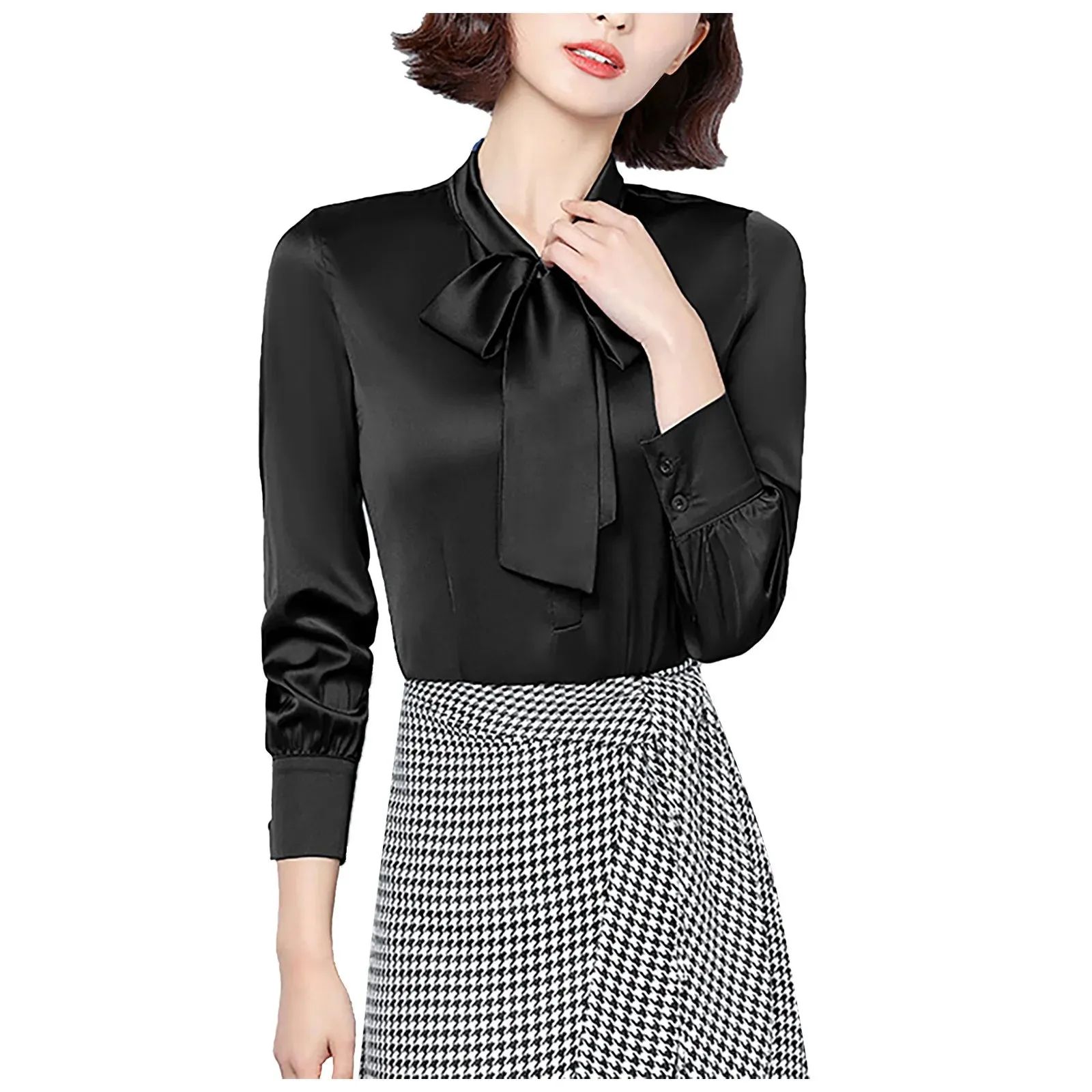 Bow Tie Shirts Women Korean Style Stain Long Sleeve Tunic Tops And Blouses Elegant Workwear Solid Office Lady Shirt Blusas