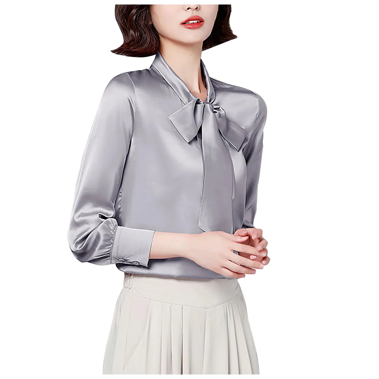 Bow Tie Shirts Women Korean Style Stain Long Sleeve Tunic Tops And Blouses Elegant Workwear Solid Office Lady Shirt Blusas