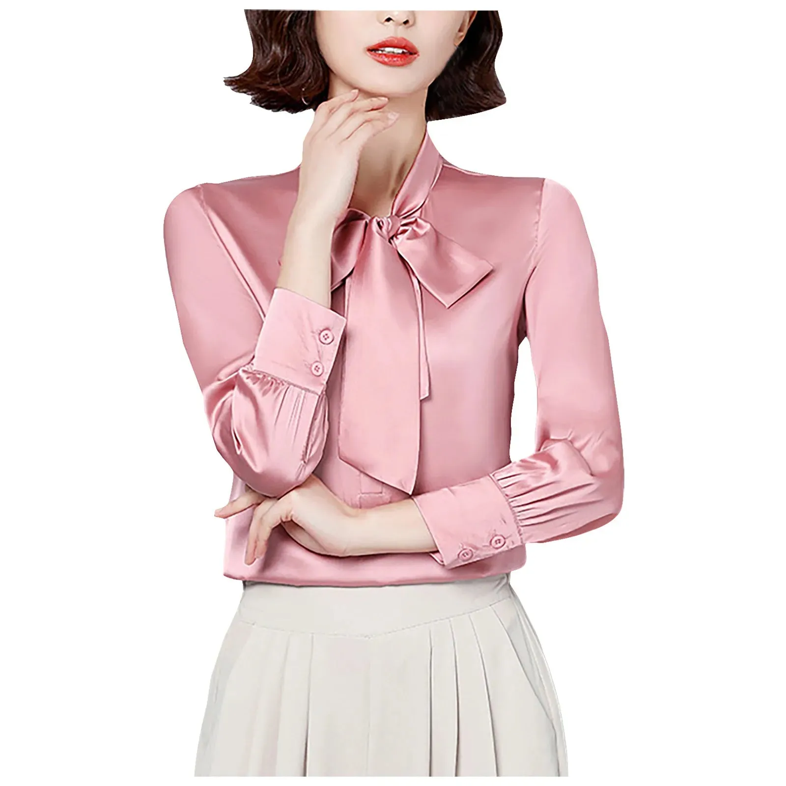 Bow Tie Shirts Women Korean Style Stain Long Sleeve Tunic Tops And Blouses Elegant Workwear Solid Office Lady Shirt Blusas