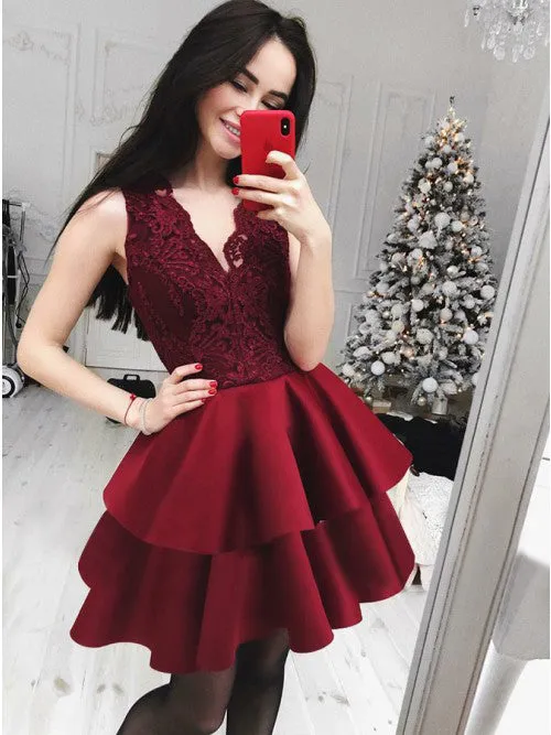 Burgundy Lace V Neck Lovely Inexpensive Short Homecoming Dresses, BH109