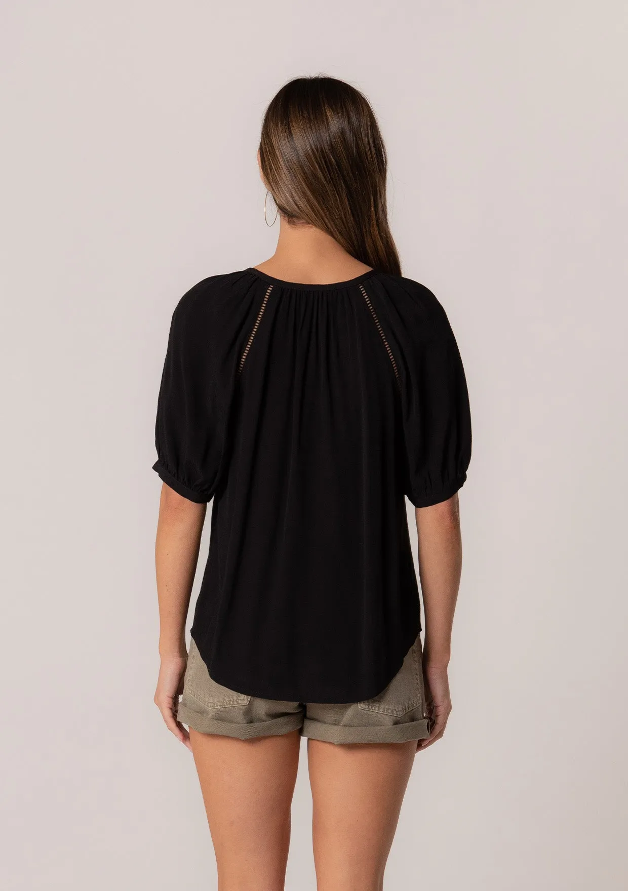 Button Down Puff Sleeve Tie Neck Blouse