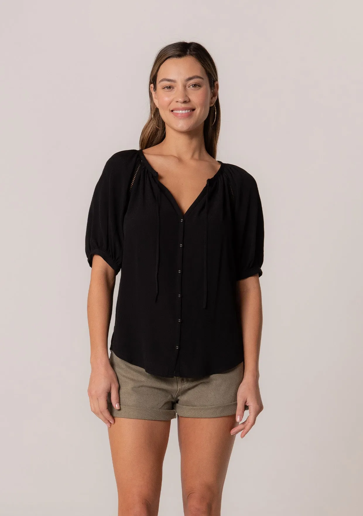 Button Down Puff Sleeve Tie Neck Blouse