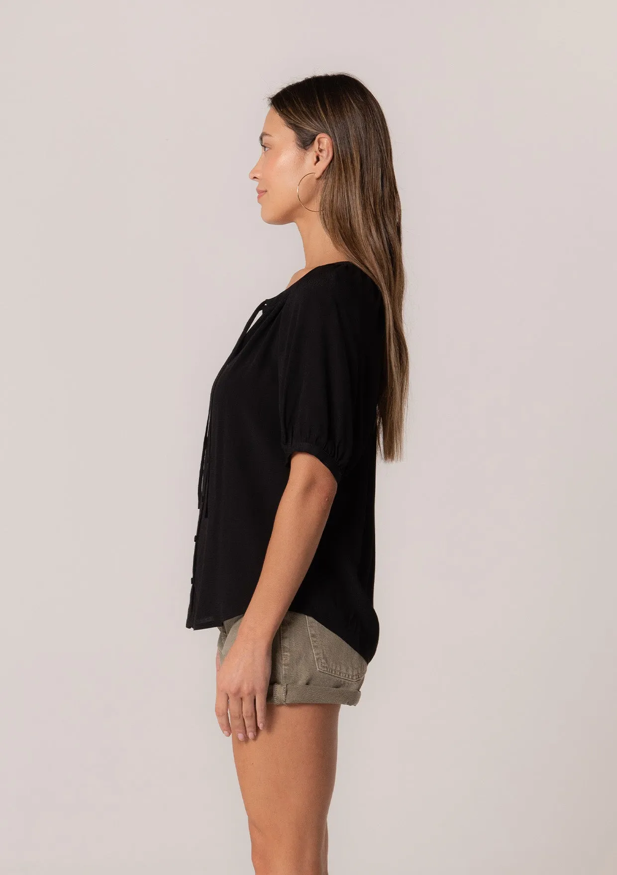 Button Down Puff Sleeve Tie Neck Blouse