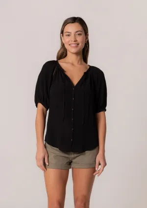 Button Down Puff Sleeve Tie Neck Blouse