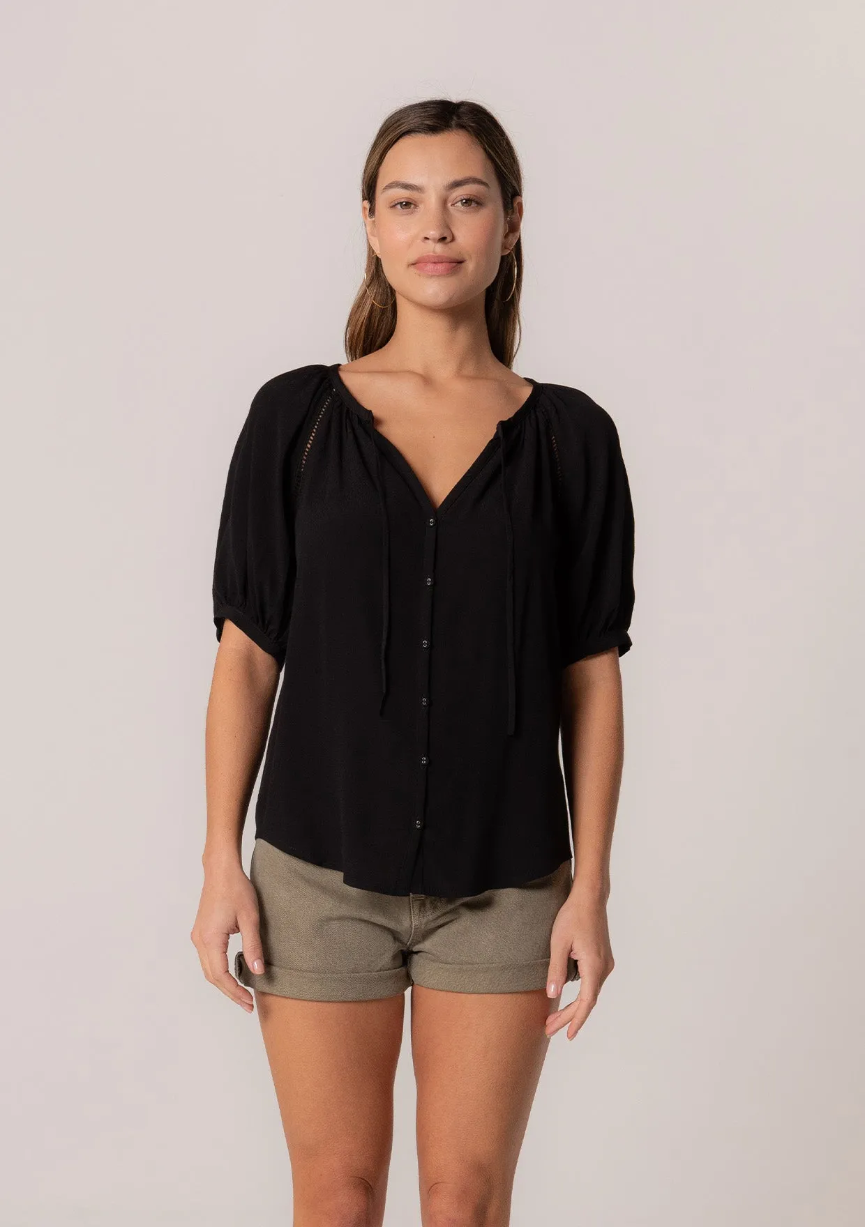 Button Down Puff Sleeve Tie Neck Blouse