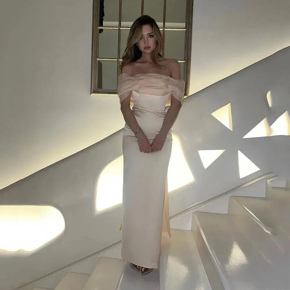 Champagne Evening Party Dresses Arabic Off The Shoulder Pleat Satin Simple Prom Gowns Special Occasion Dress