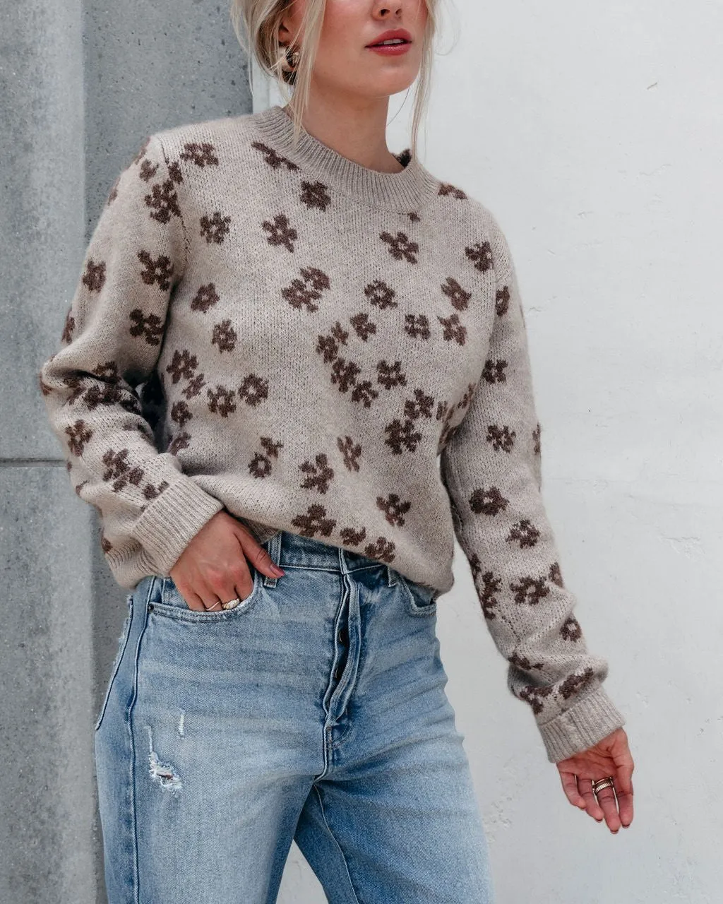 Chunky Daisy Print Sweater - Mocha - FINAL SALE