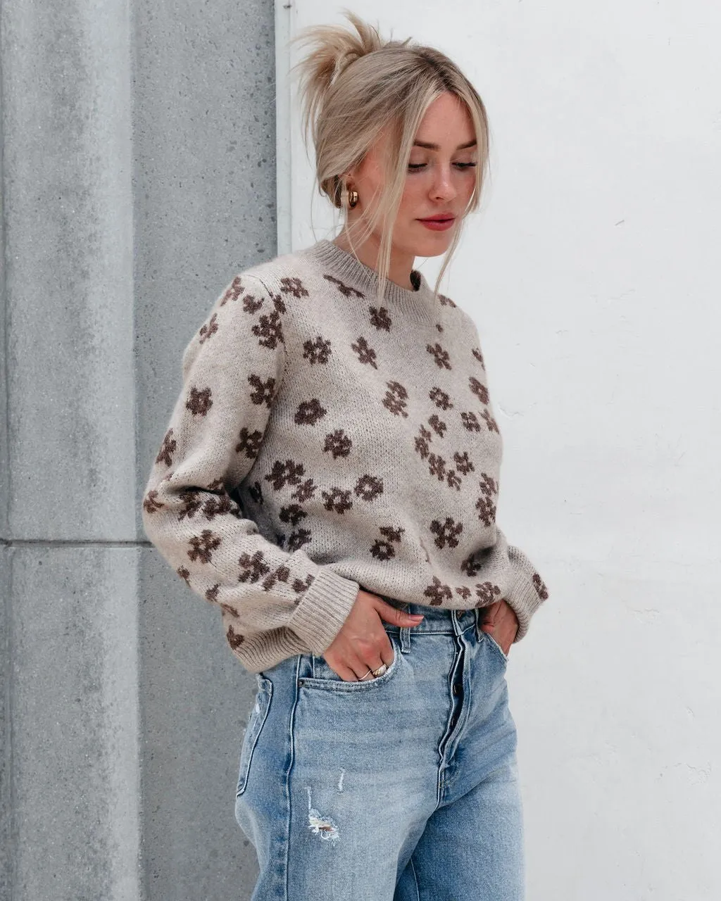 Chunky Daisy Print Sweater - Mocha - FINAL SALE