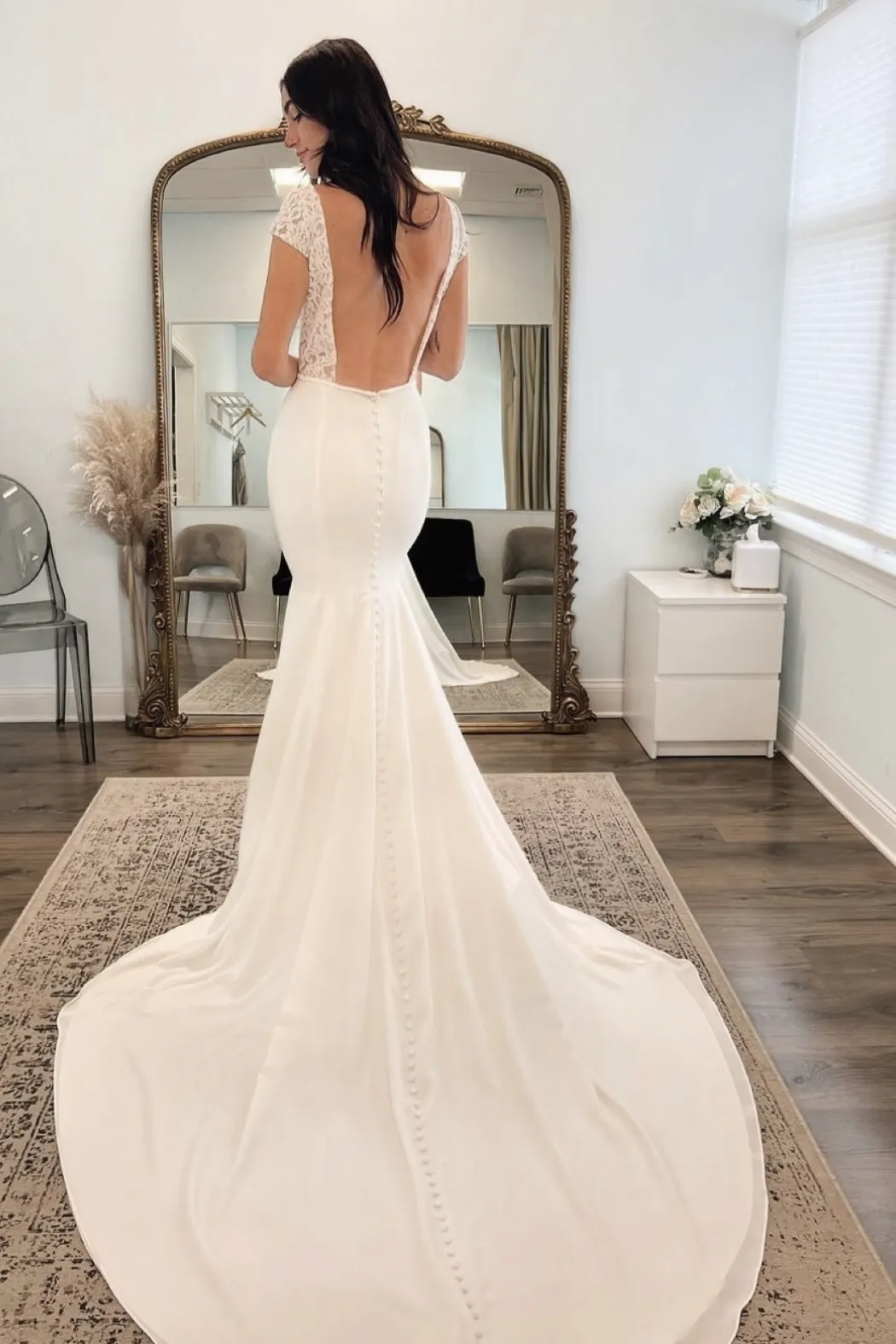 Column Wedding Gown with Lace Cap Sleeves