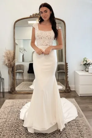 Column Wedding Gown with Lace Cap Sleeves