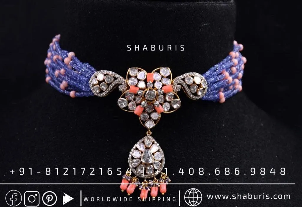 Coral Necklace Diamond Necklace pure silver jewelry indian wedding Jewelry indian bridal jewelry cocktail jewelry 925 silver jewelr-SHABURIS