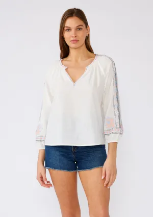 Cotton Embroidered Long Sleeve V Neck Blouse