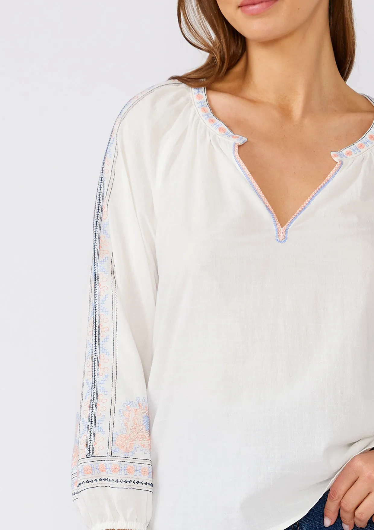 Cotton Embroidered Long Sleeve V Neck Blouse