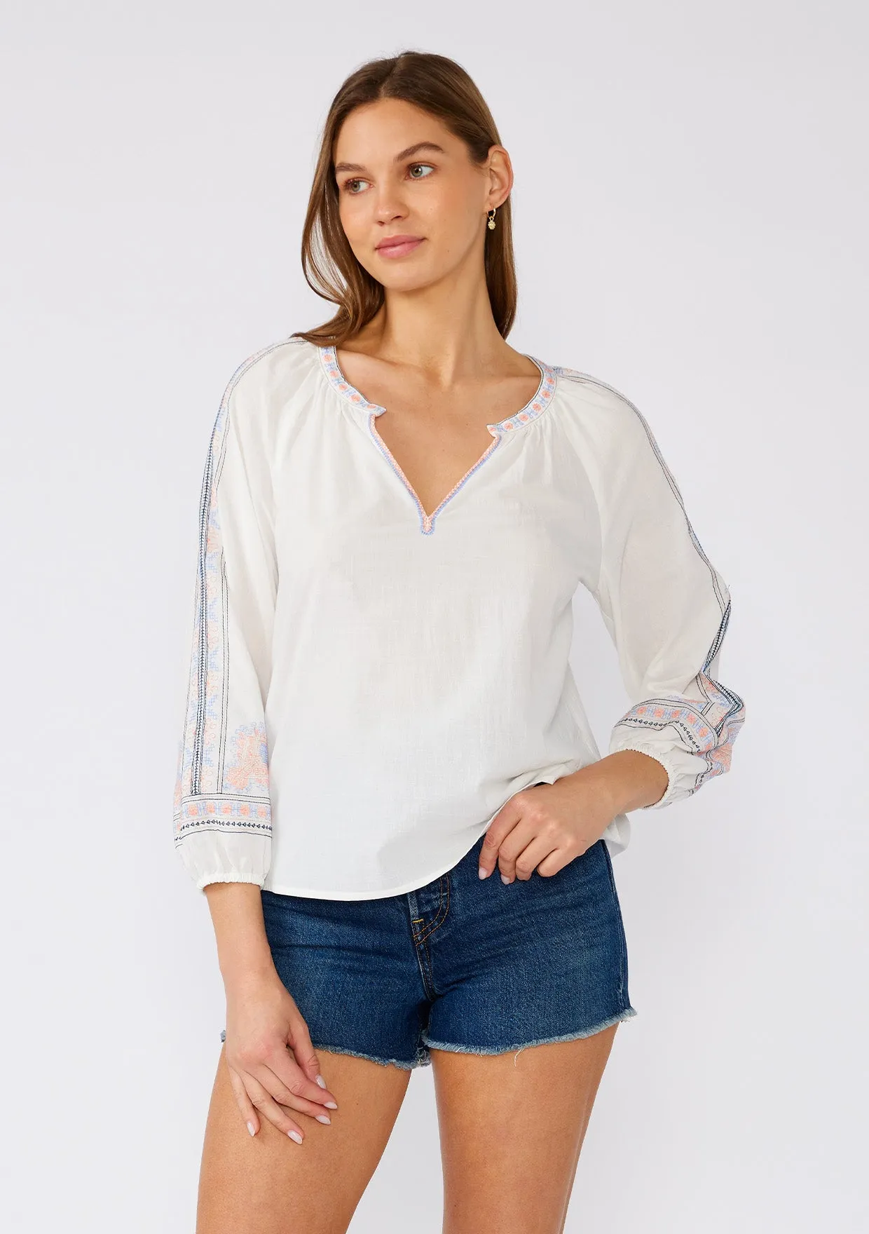 Cotton Embroidered Long Sleeve V Neck Blouse