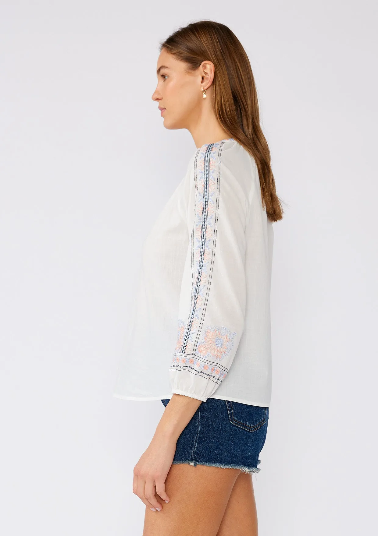 Cotton Embroidered Long Sleeve V Neck Blouse