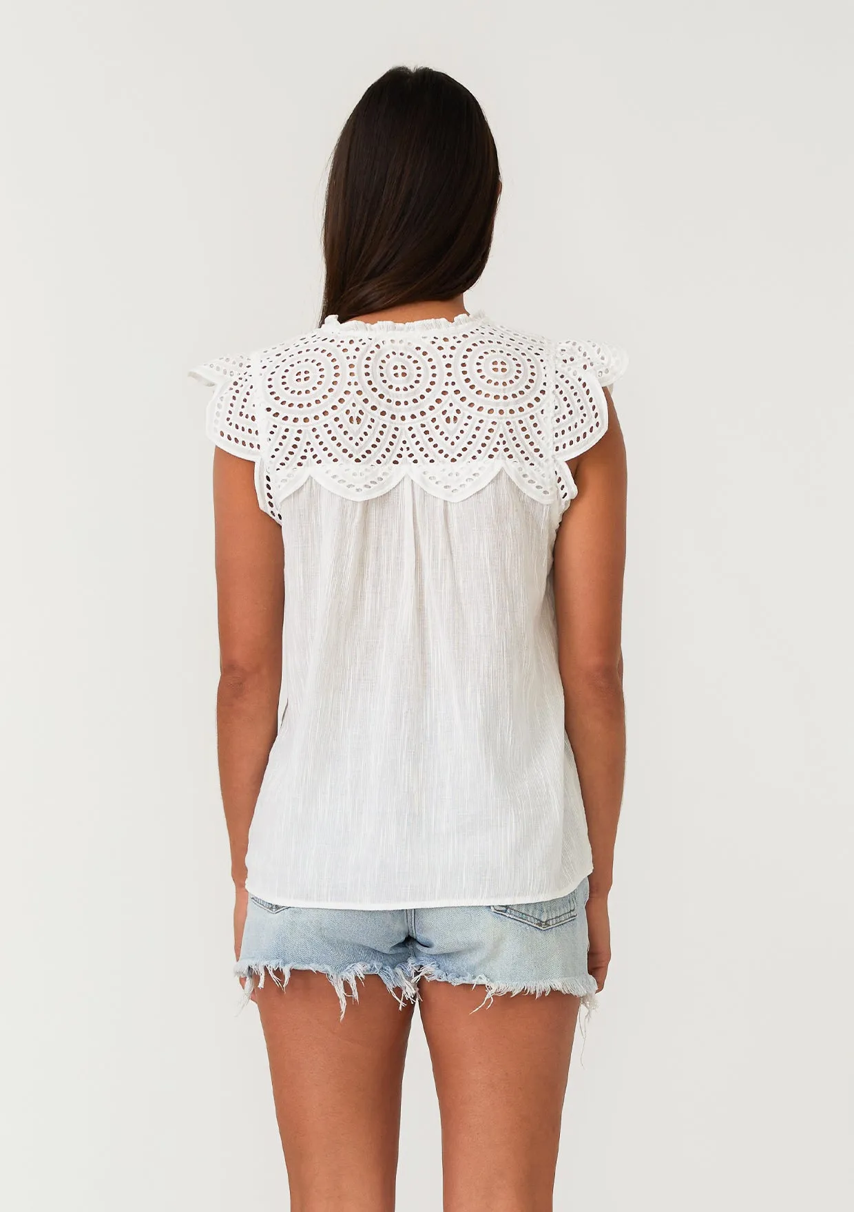 Cotton Eyelet Cap Sleeve V Neck Top