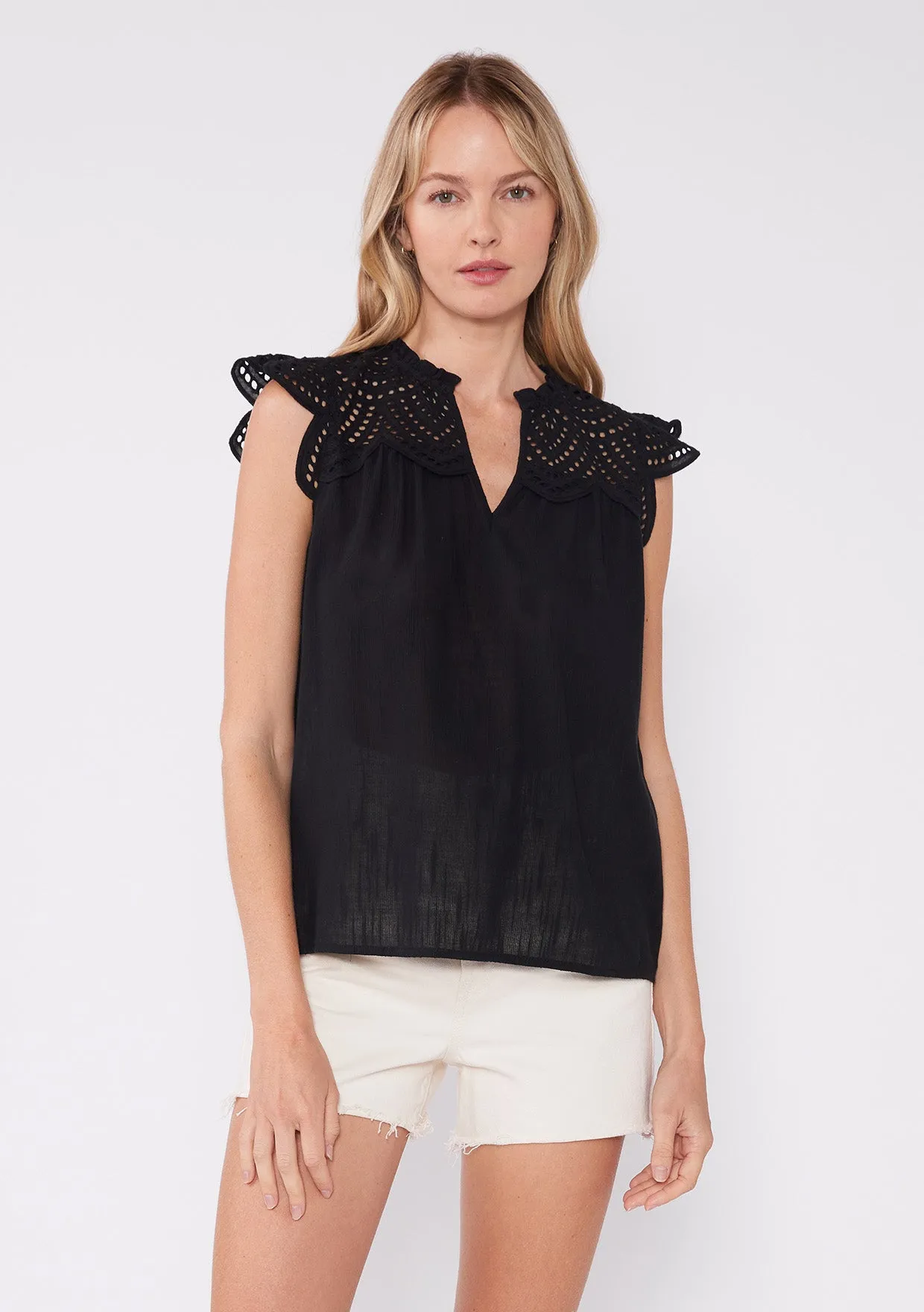 Cotton Eyelet Cap Sleeve V Neck Top