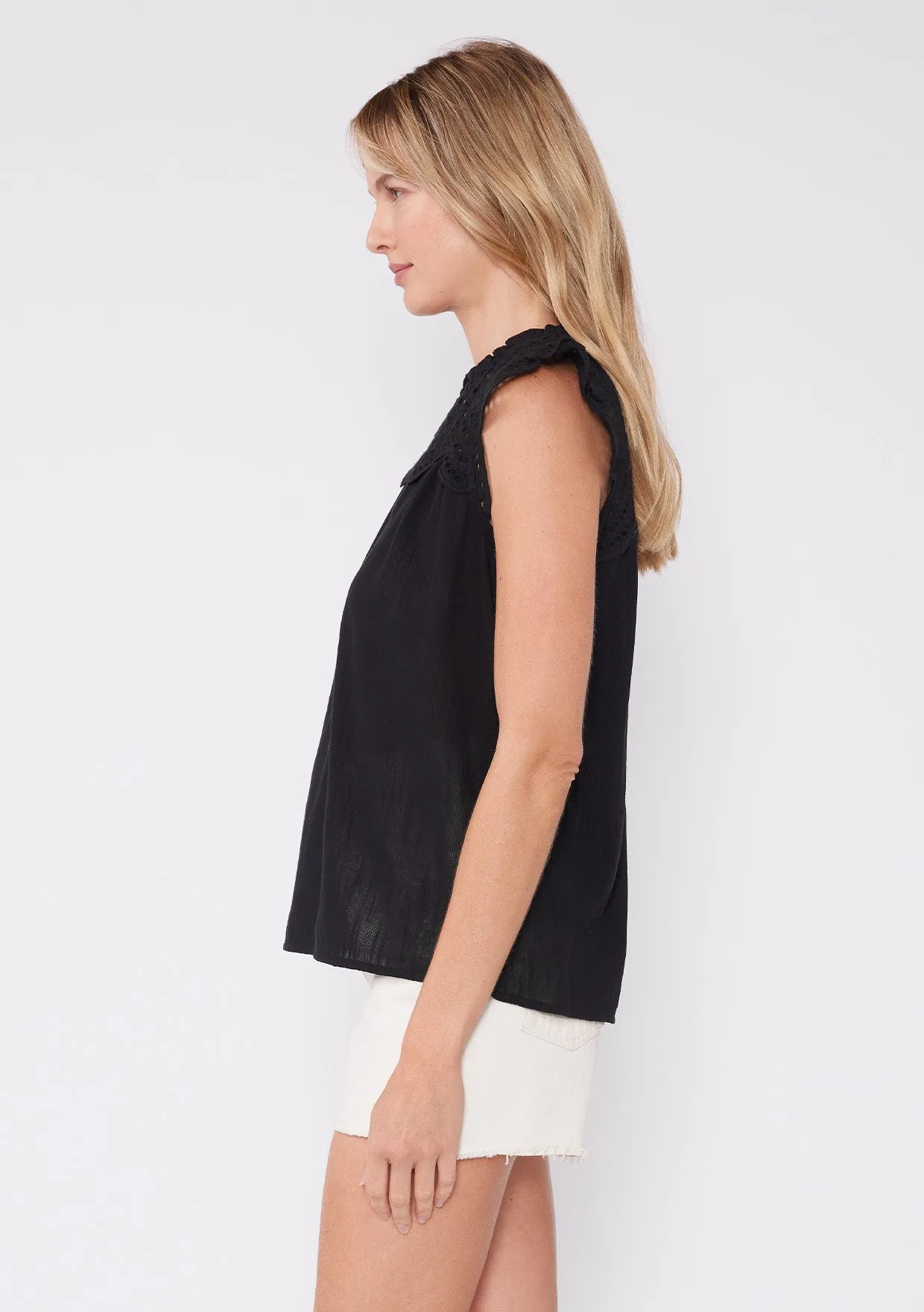 Cotton Eyelet Cap Sleeve V Neck Top