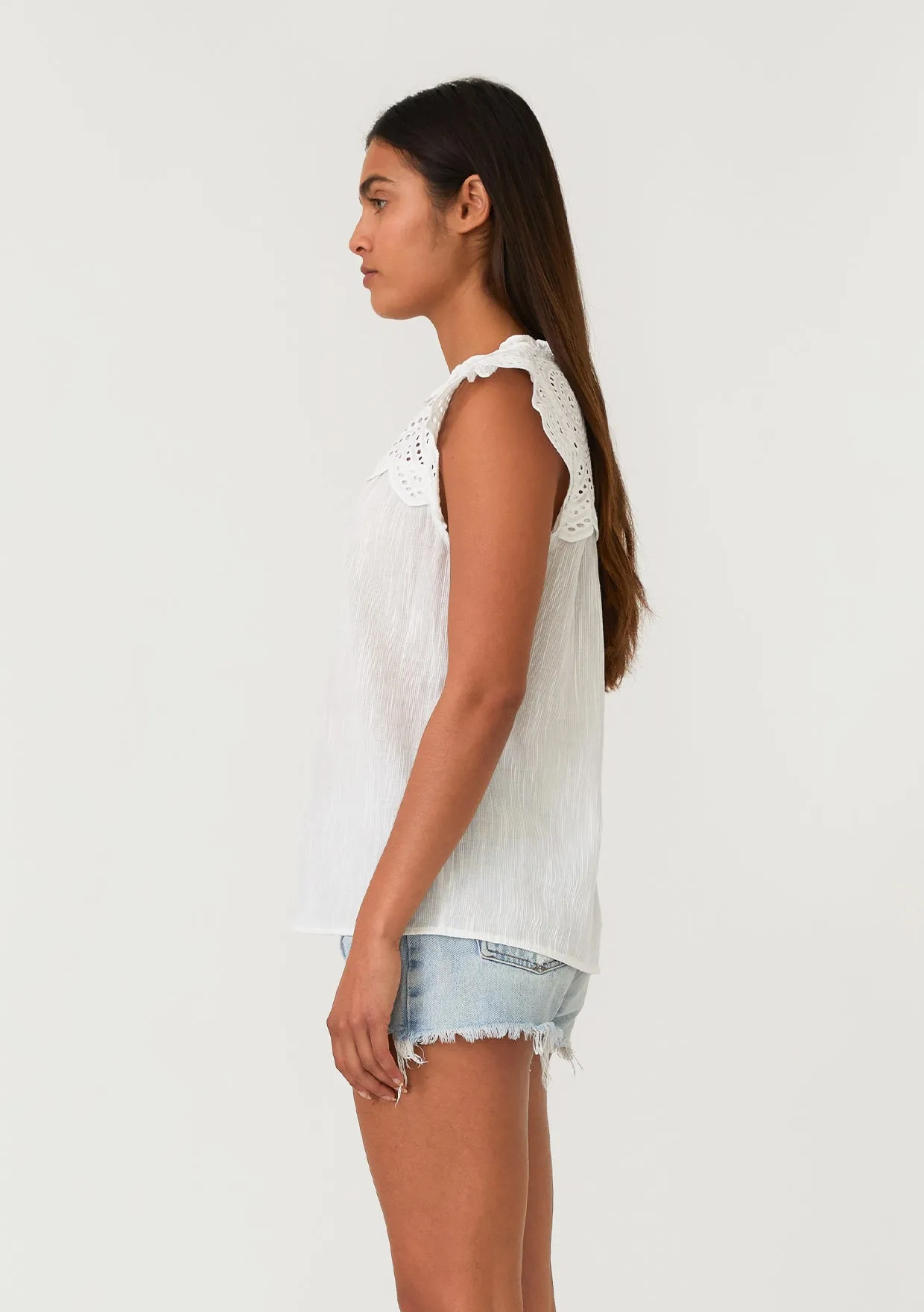 Cotton Eyelet Cap Sleeve V Neck Top