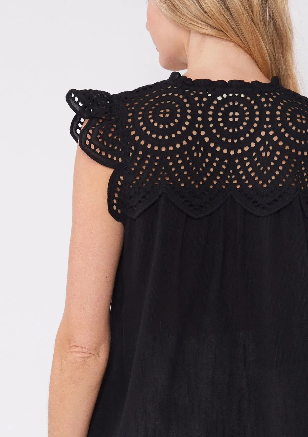 Cotton Eyelet Cap Sleeve V Neck Top
