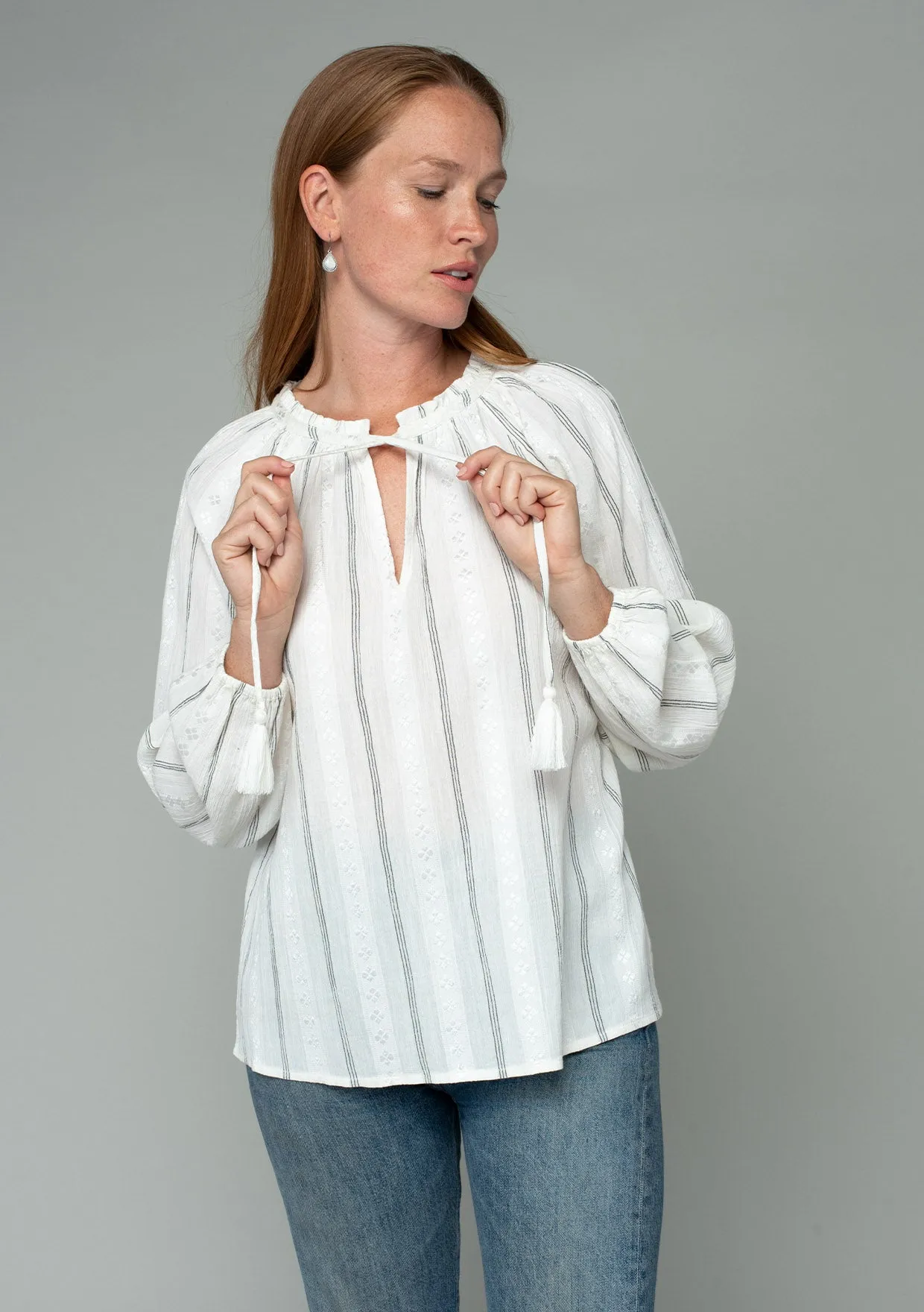 Cotton Slub Long Sleeve Tie Front Peasant Top