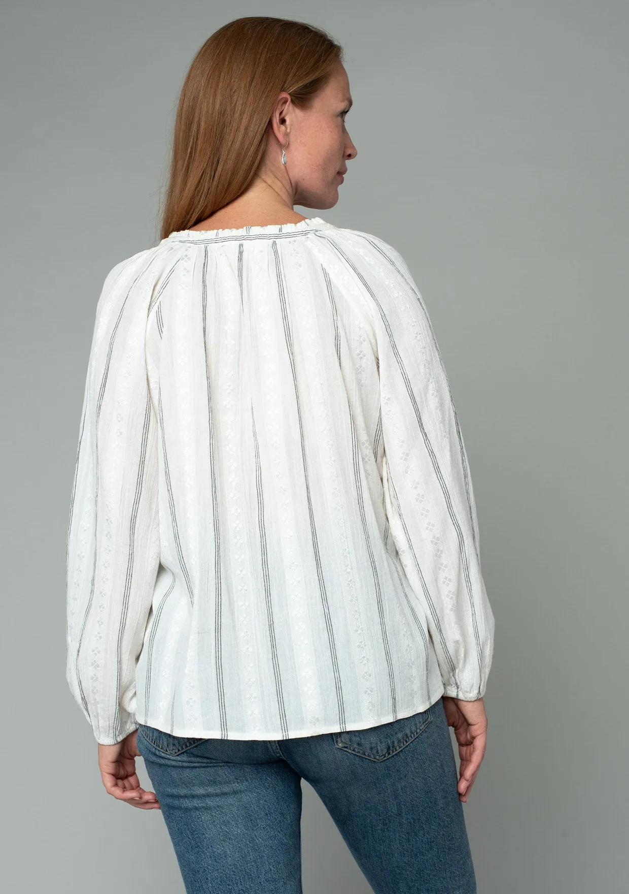 Cotton Slub Long Sleeve Tie Front Peasant Top