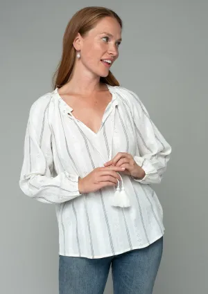 Cotton Slub Long Sleeve Tie Front Peasant Top