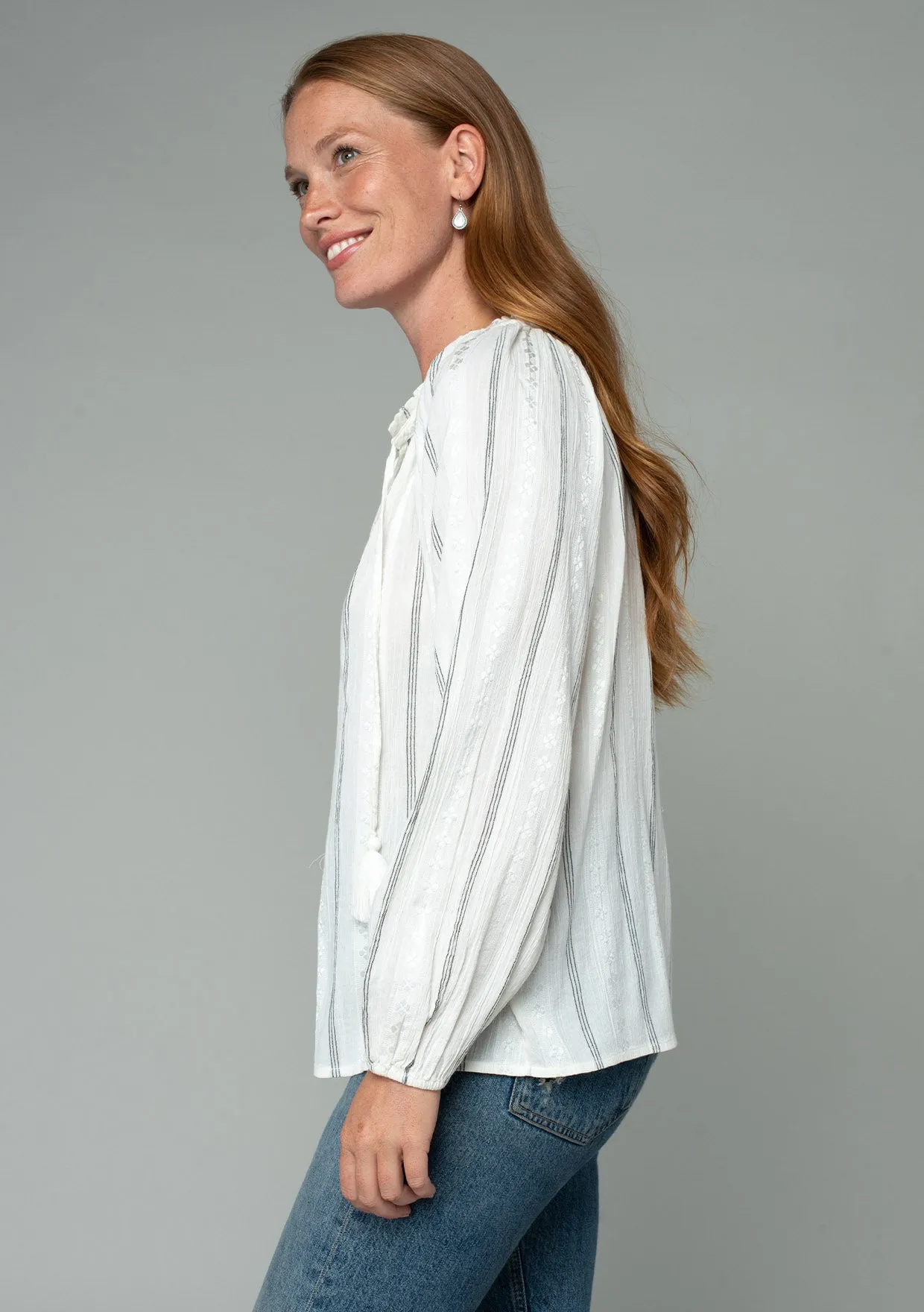 Cotton Slub Long Sleeve Tie Front Peasant Top