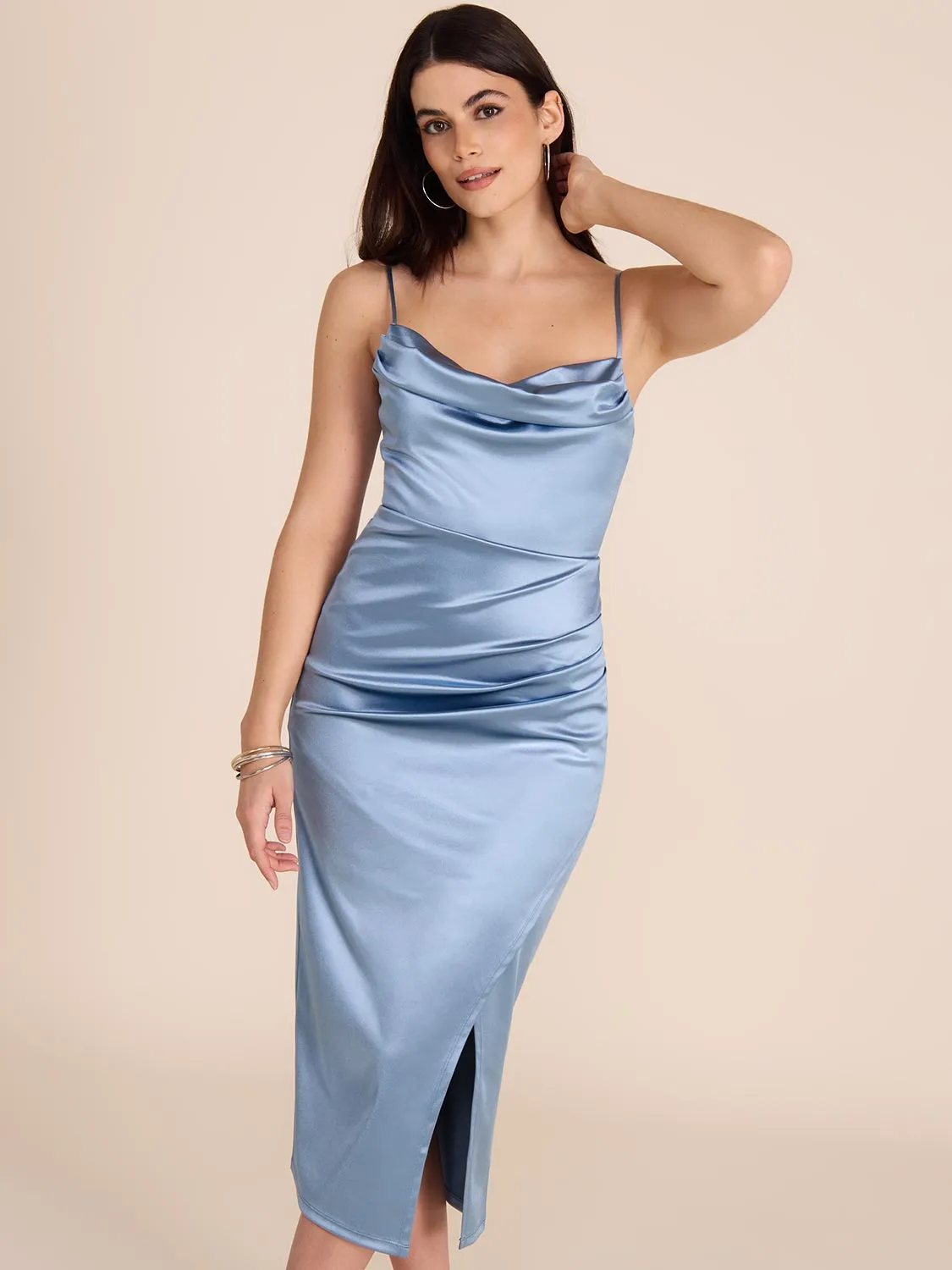 Cowl Neck Satin Sheath Dress