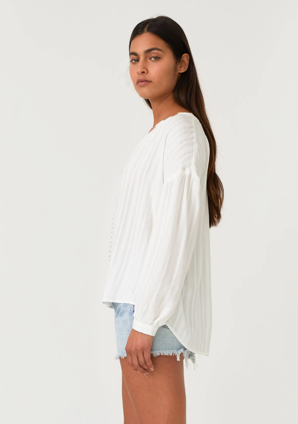 Crochet Trim Long Sleeve V Neck Blouse
