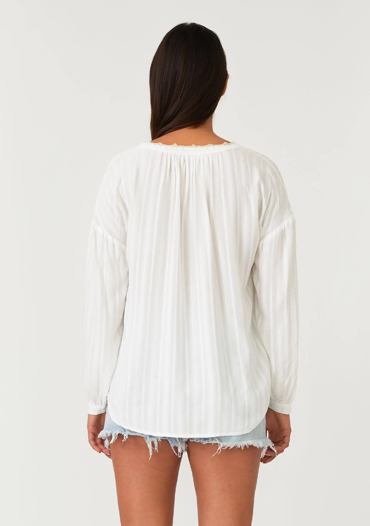 Crochet Trim Long Sleeve V Neck Blouse