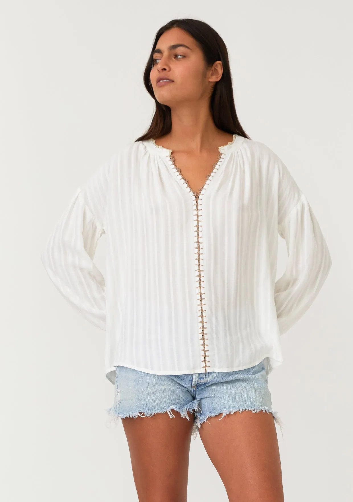 Crochet Trim Long Sleeve V Neck Blouse