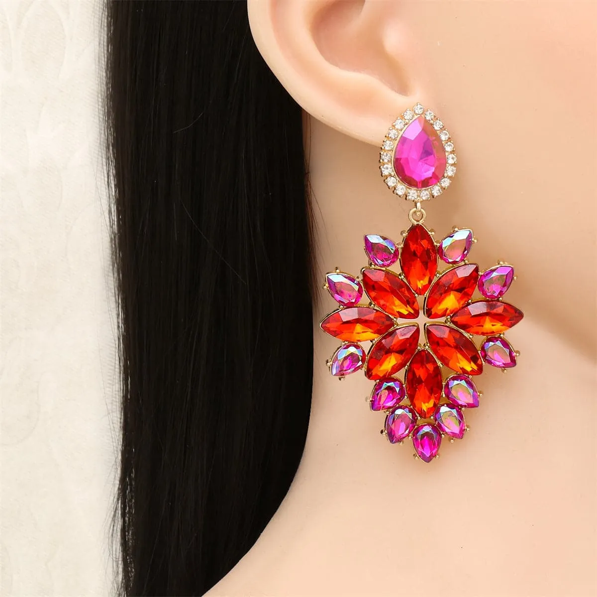 Cubic Zirconia & Red Crystal Marquise-Cut Cluster Drop Earrings